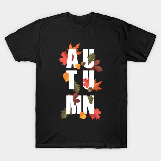 Autumn word and leaves WHITE T-Shirt by PrintablesPassions